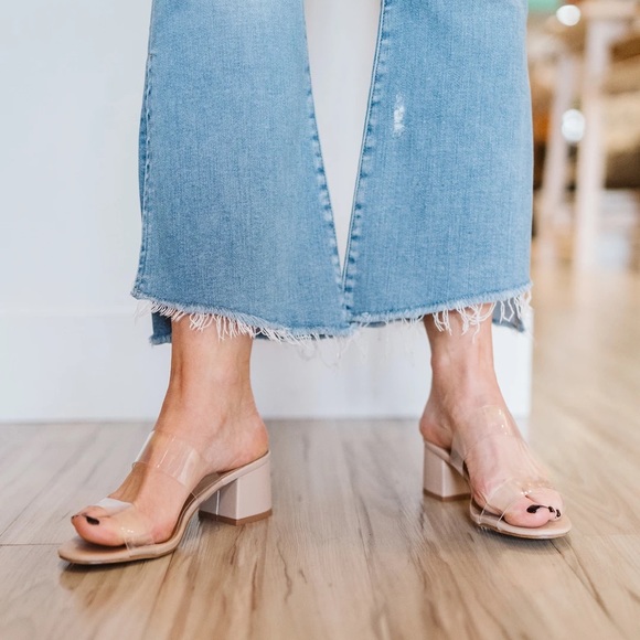 Tan clear band heels sandals slip on square toe events formal party mule - Picture 4 of 9